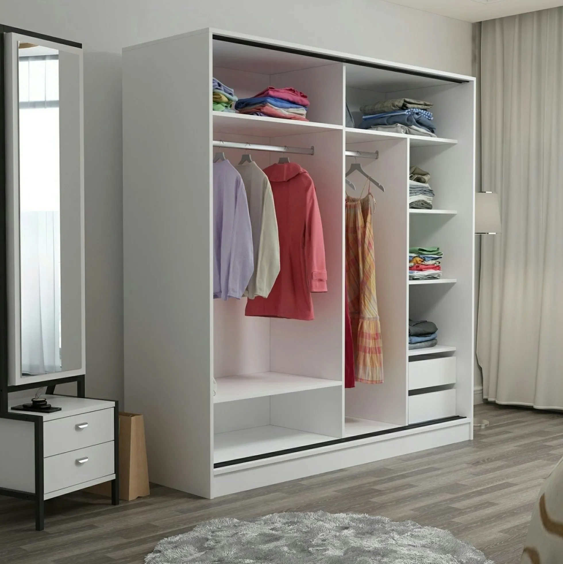 Armoire blanche 2 portes coulissantes, 1 miroir BYRON
