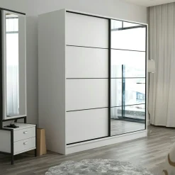 Armoire blanche 2 portes coulissantes, 1 miroir BYRON