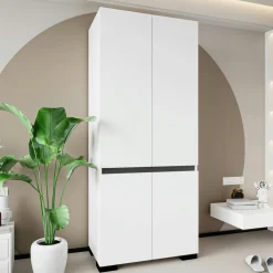 Armoire blanche 2 portes détail gris, 5 étagères BYRON