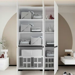Armoire blanche 3 portes détail gris 10 étagères BYRON