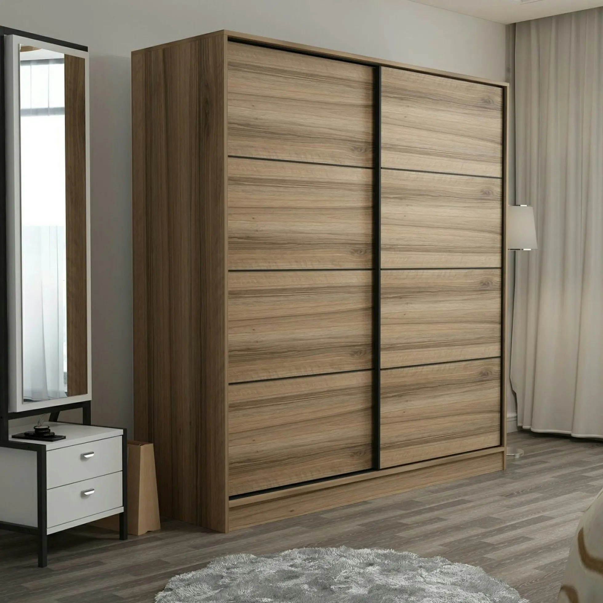 Armoire double penderie portes coulissantes, effet bois BYRON