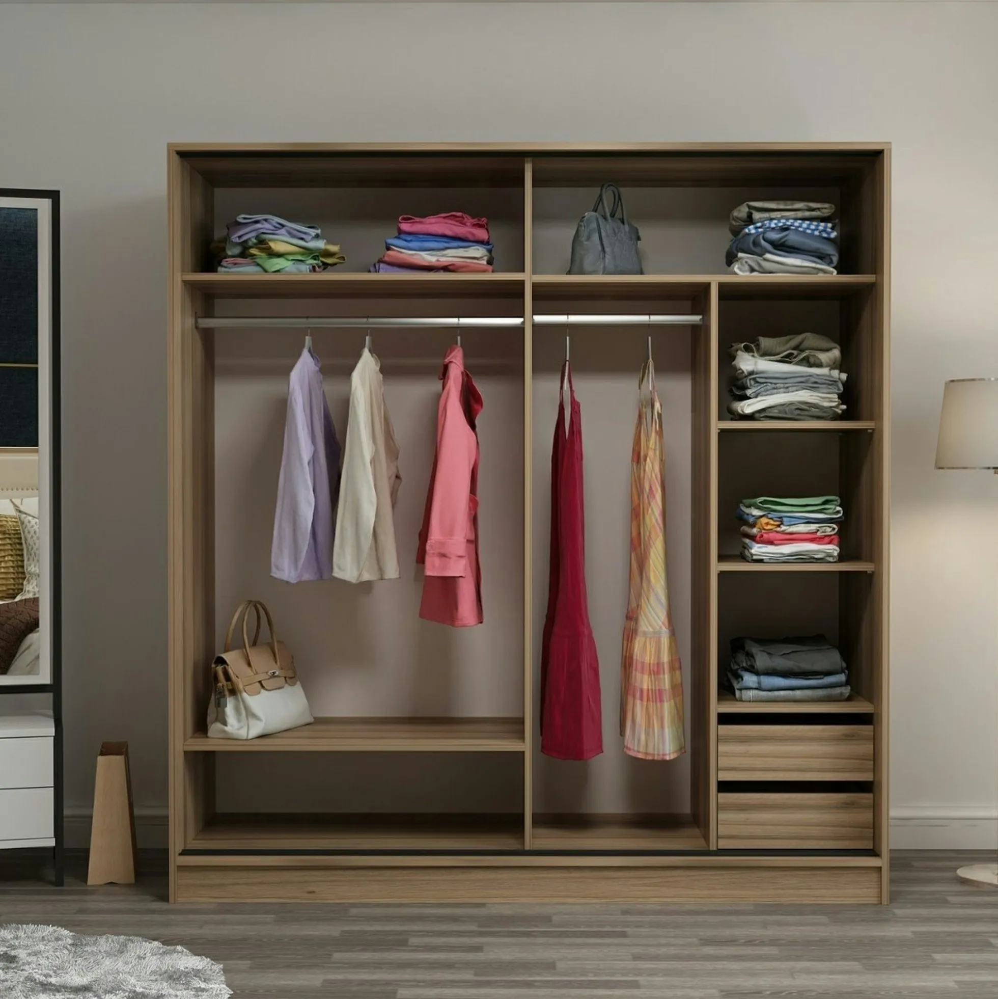 Armoire double penderie portes coulissantes, effet bois BYRON