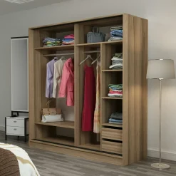 Armoire double penderie portes coulissantes, effet bois BYRON