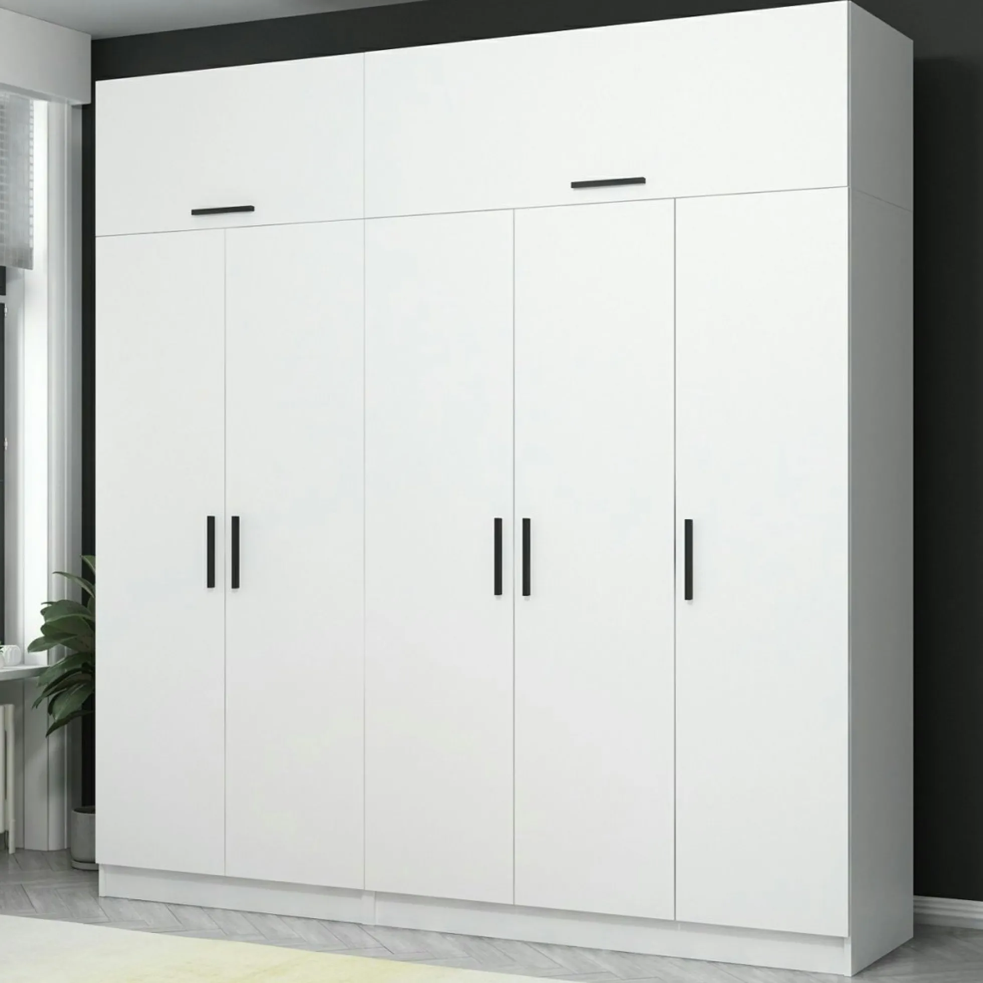 Armoire dressing blanche 7 portes vitrées 5 portants BYRON