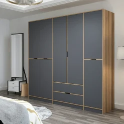 Armoire dressing chambre effet bois, 8 portes grises BYRON