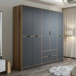 Armoire dressing chambre effet bois, 8 portes grises BYRON