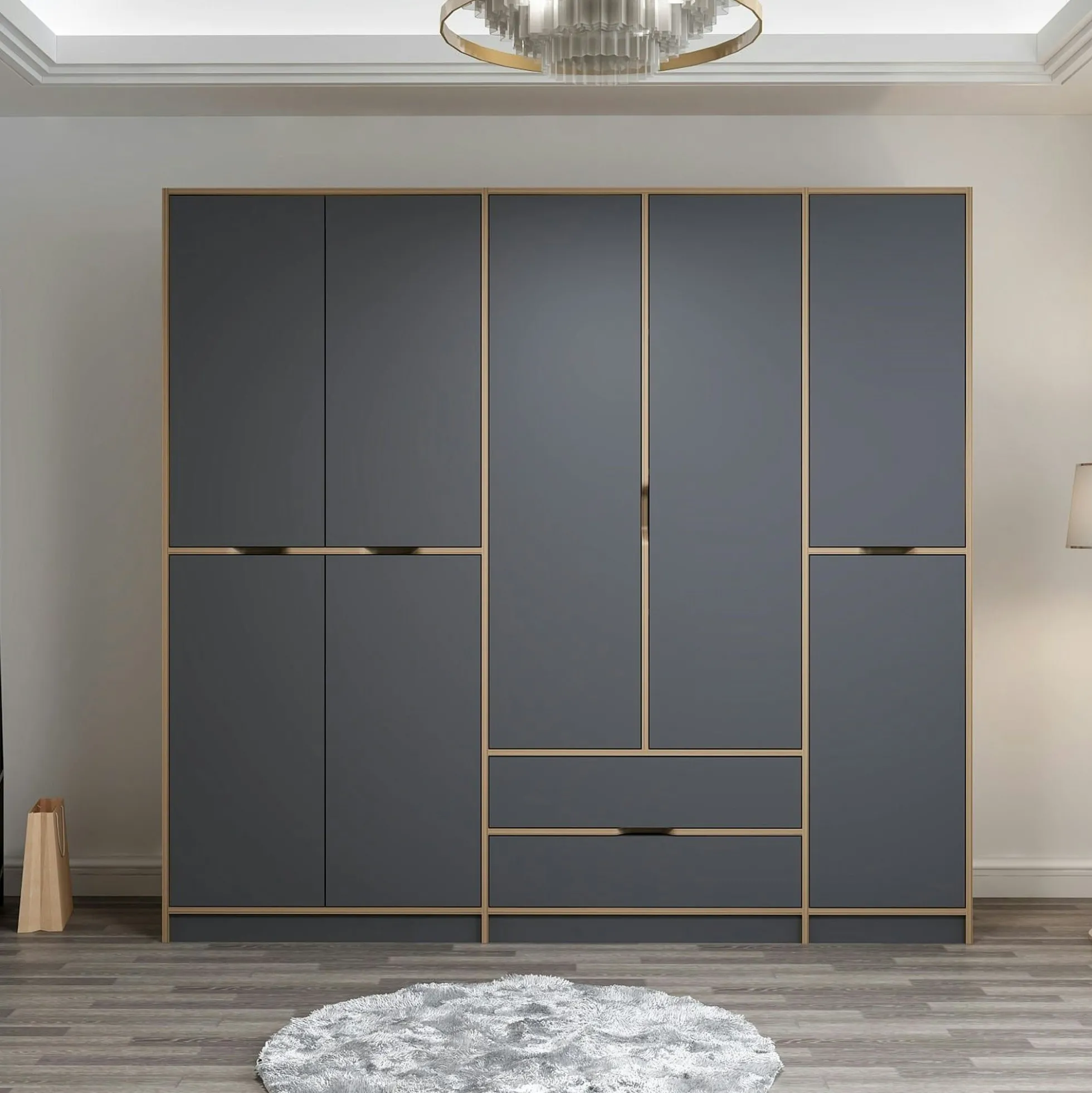 Armoire dressing chambre effet bois, 8 portes grises BYRON