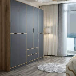 Armoire dressing chambre effet bois, 8 portes grises BYRON