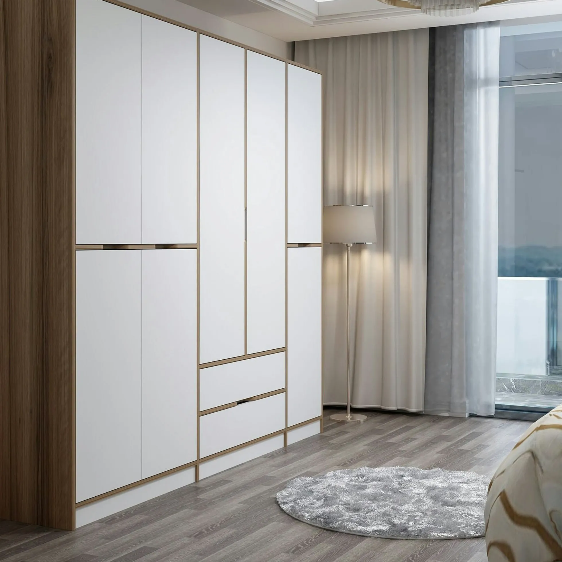 Armoire dressing chambre effet bois, 8 portes blanches BYRON