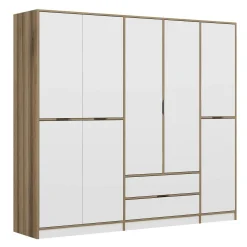 Armoire dressing chambre effet bois, 8 portes blanches BYRON