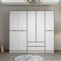 Armoire dressing chambre effet bois, 8 portes blanches BYRON