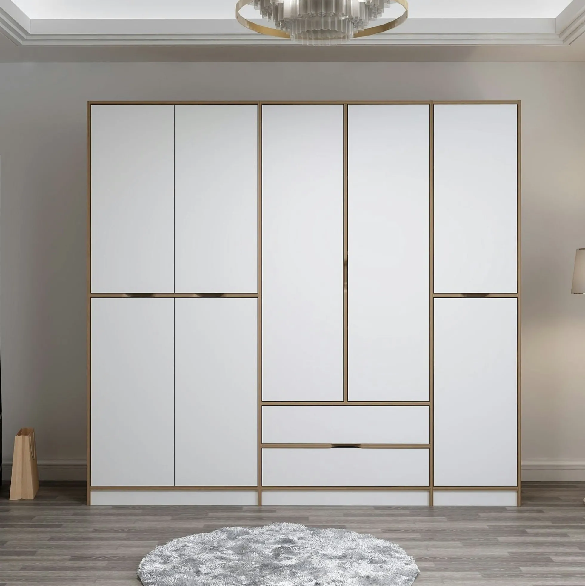 Armoire dressing chambre effet bois, 8 portes blanches BYRON