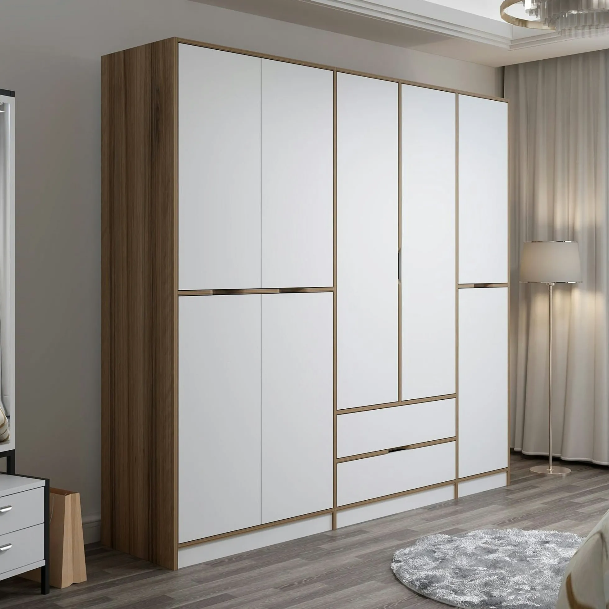 Armoire dressing chambre effet bois, 8 portes blanches BYRON