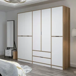 Armoire dressing chambre effet bois, 8 portes blanches BYRON