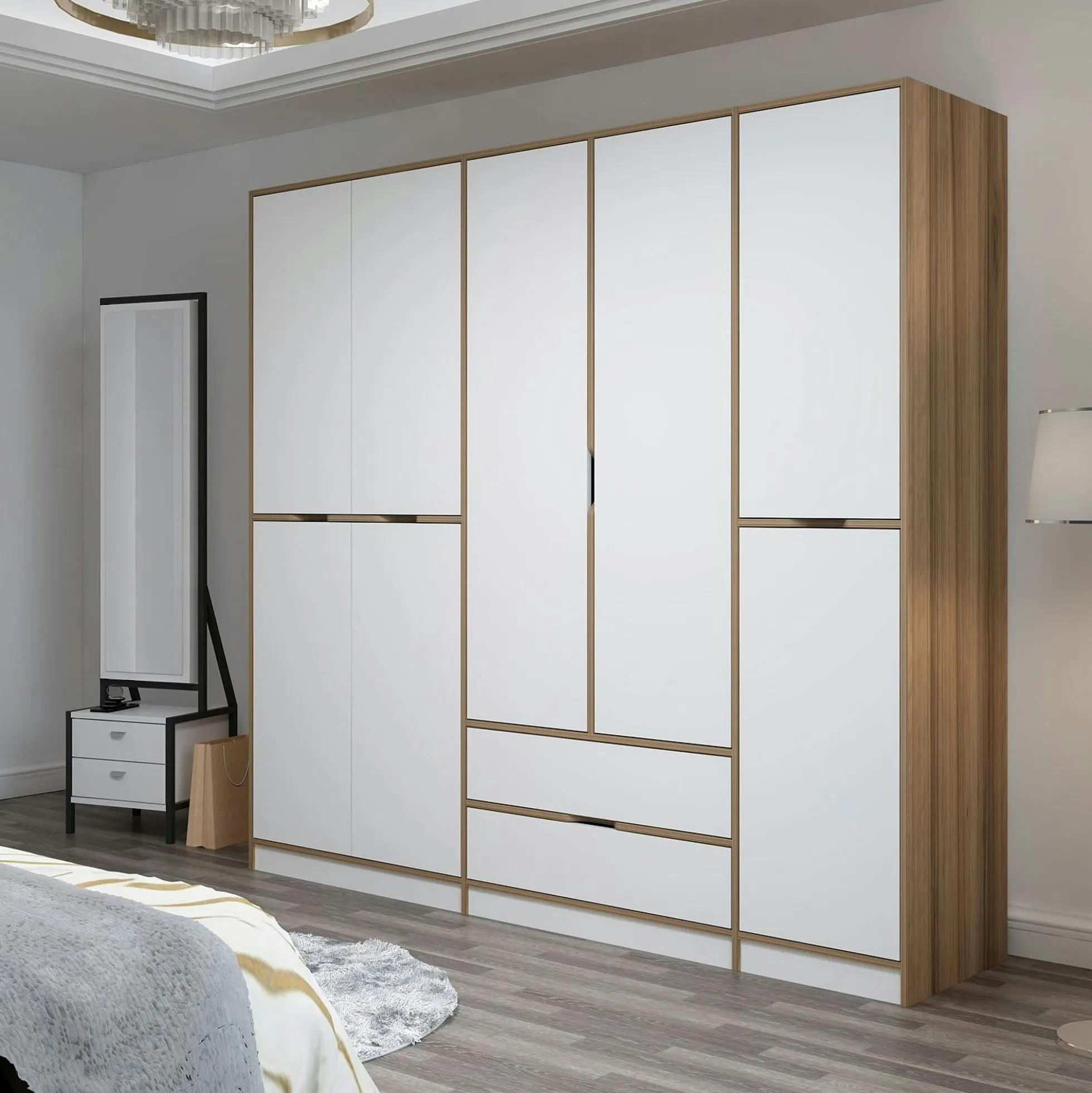 Armoire dressing chambre effet bois, 8 portes blanches BYRON