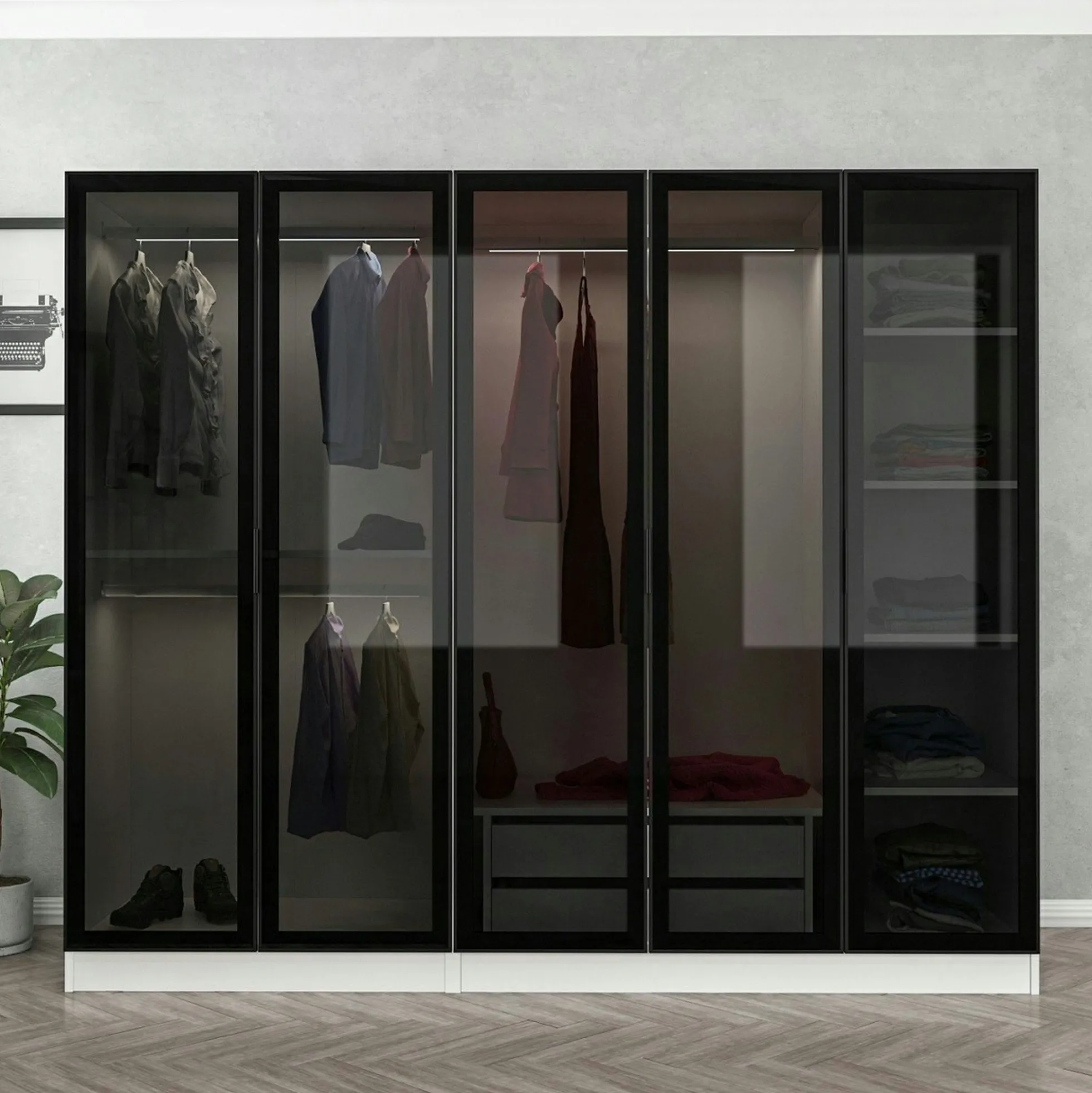 Armoire dressing design blanc 5 portes verre H 210 cm BYRON