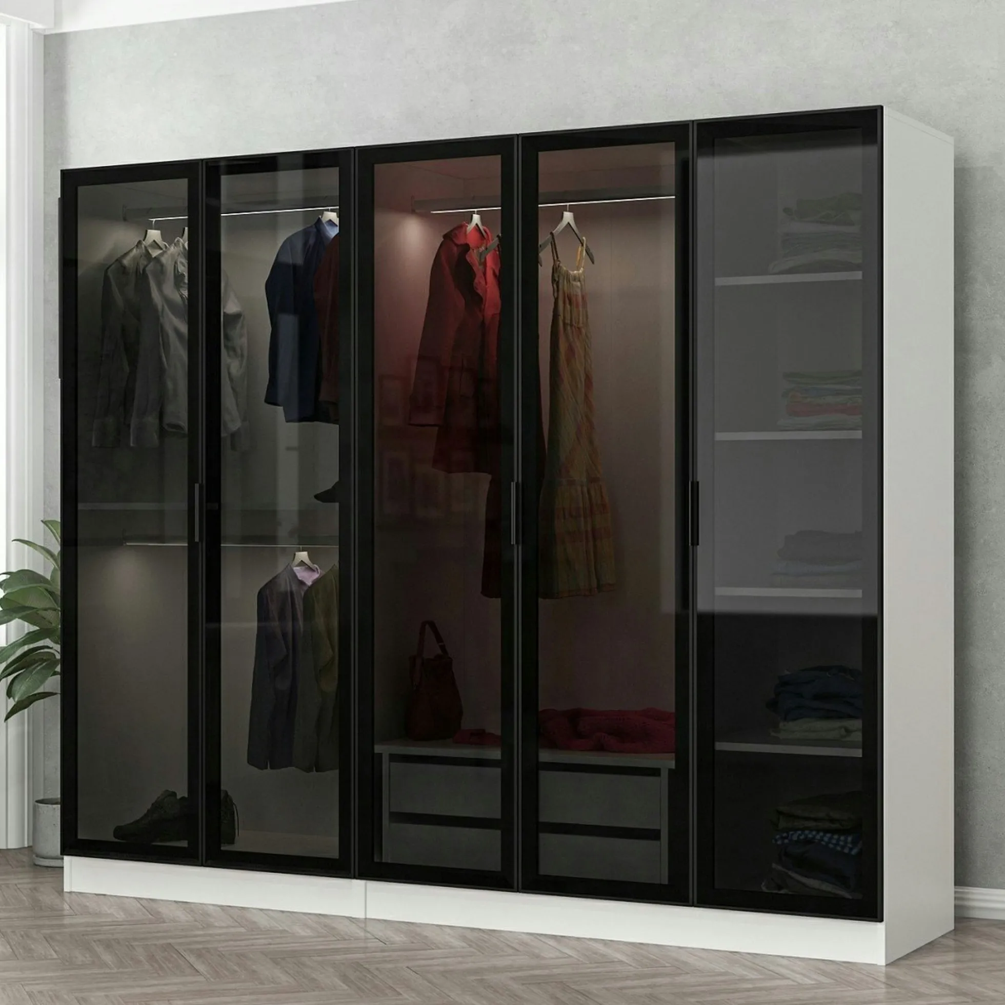 Armoire dressing design blanc 5 portes verre H 210 cm BYRON