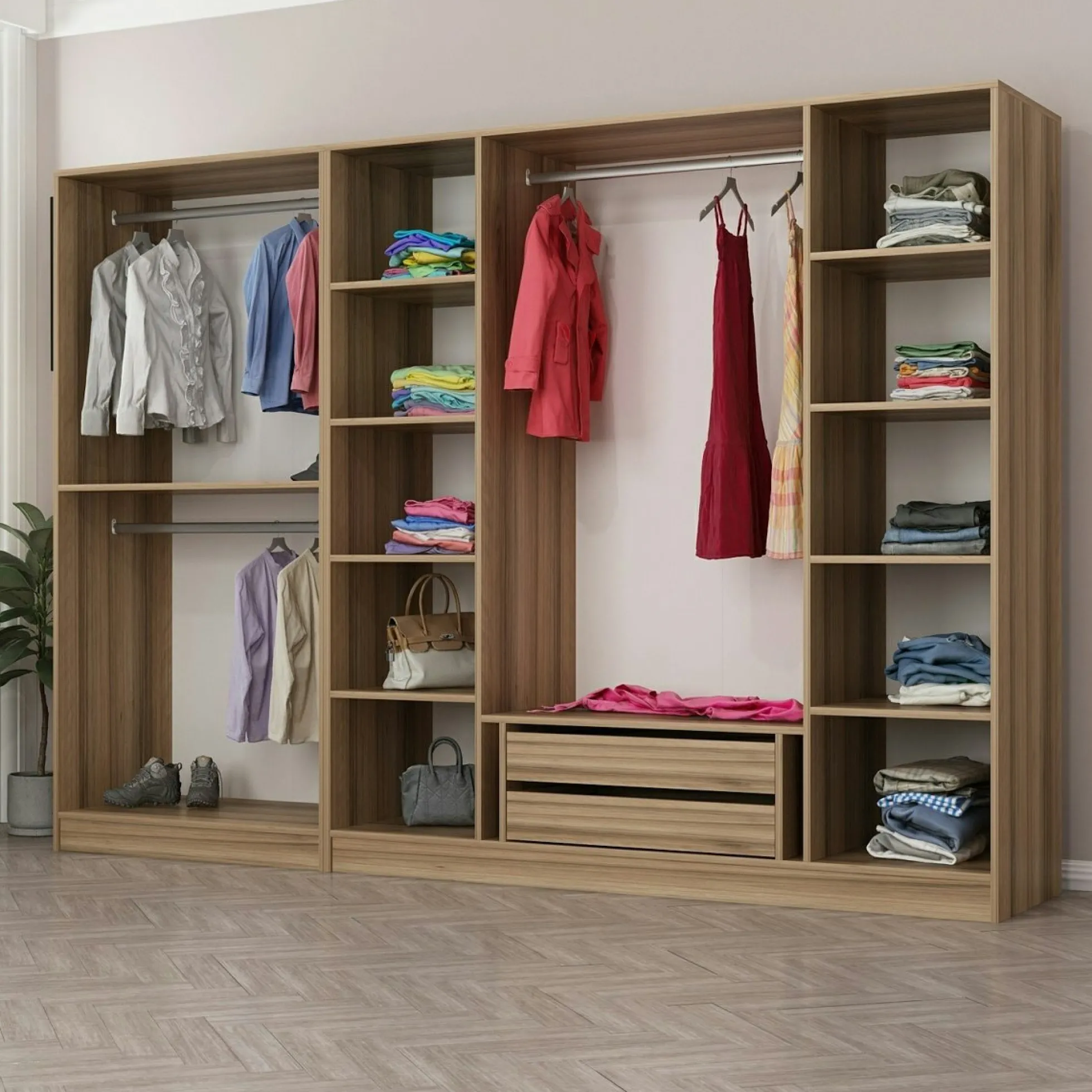 Armoire dressing ouvert effet noyer, 3 portants BYRON