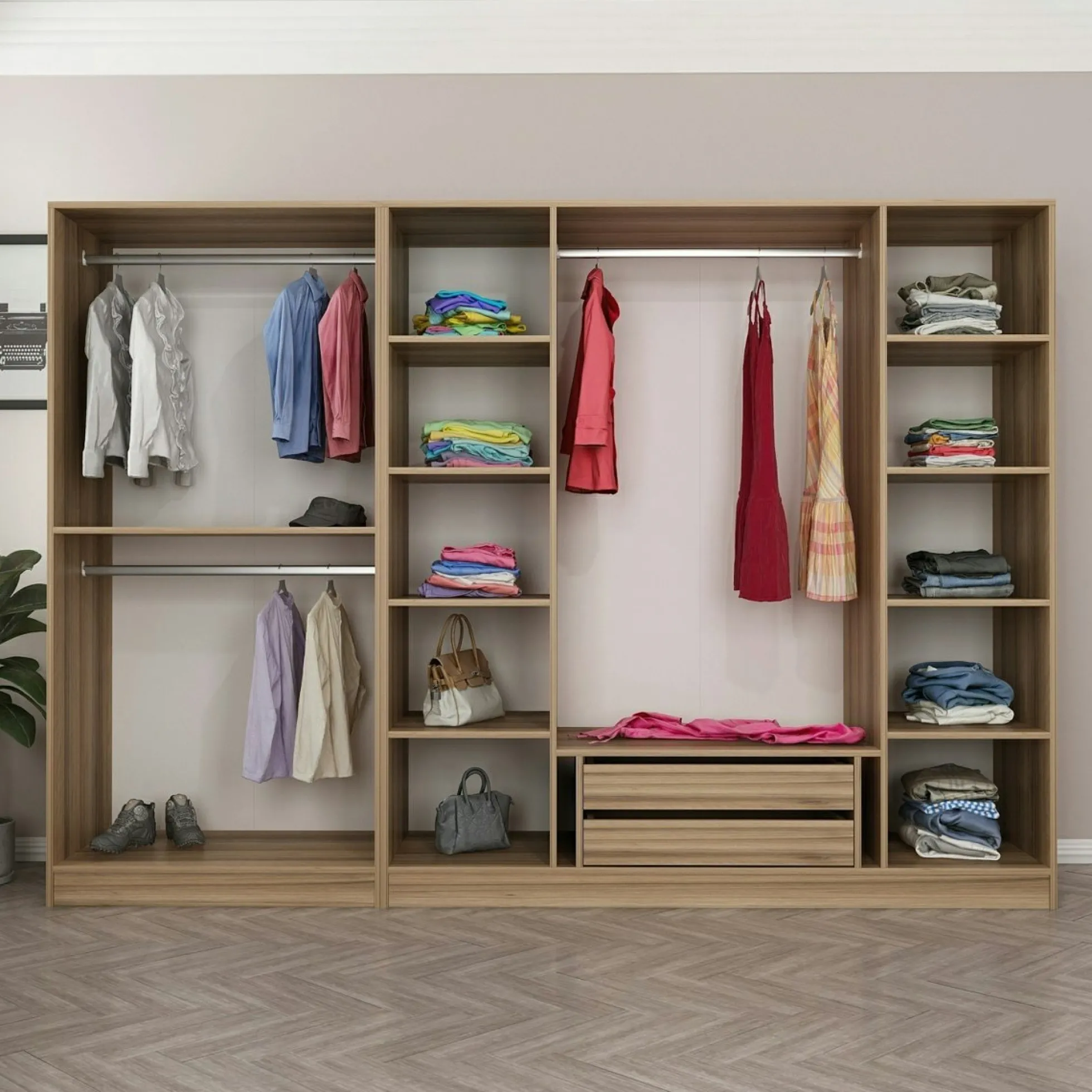 Armoire dressing ouvert effet noyer, 3 portants BYRON