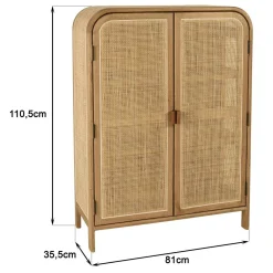 Armoire forme arrondie mindi et rotin naturel 2 portes 3 étagères TIVARO