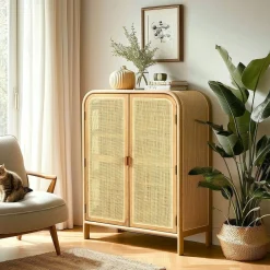 Armoire forme arrondie mindi et rotin naturel 2 portes 3 étagères TIVARO