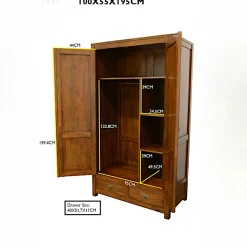Armoire Hévéa 2 portes, 2 tiroirs, 100x55x195cm HELENA