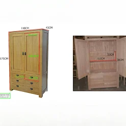 Armoire Hévéa 2 portes, 6 tiroirs 110x43x175cm HELENA