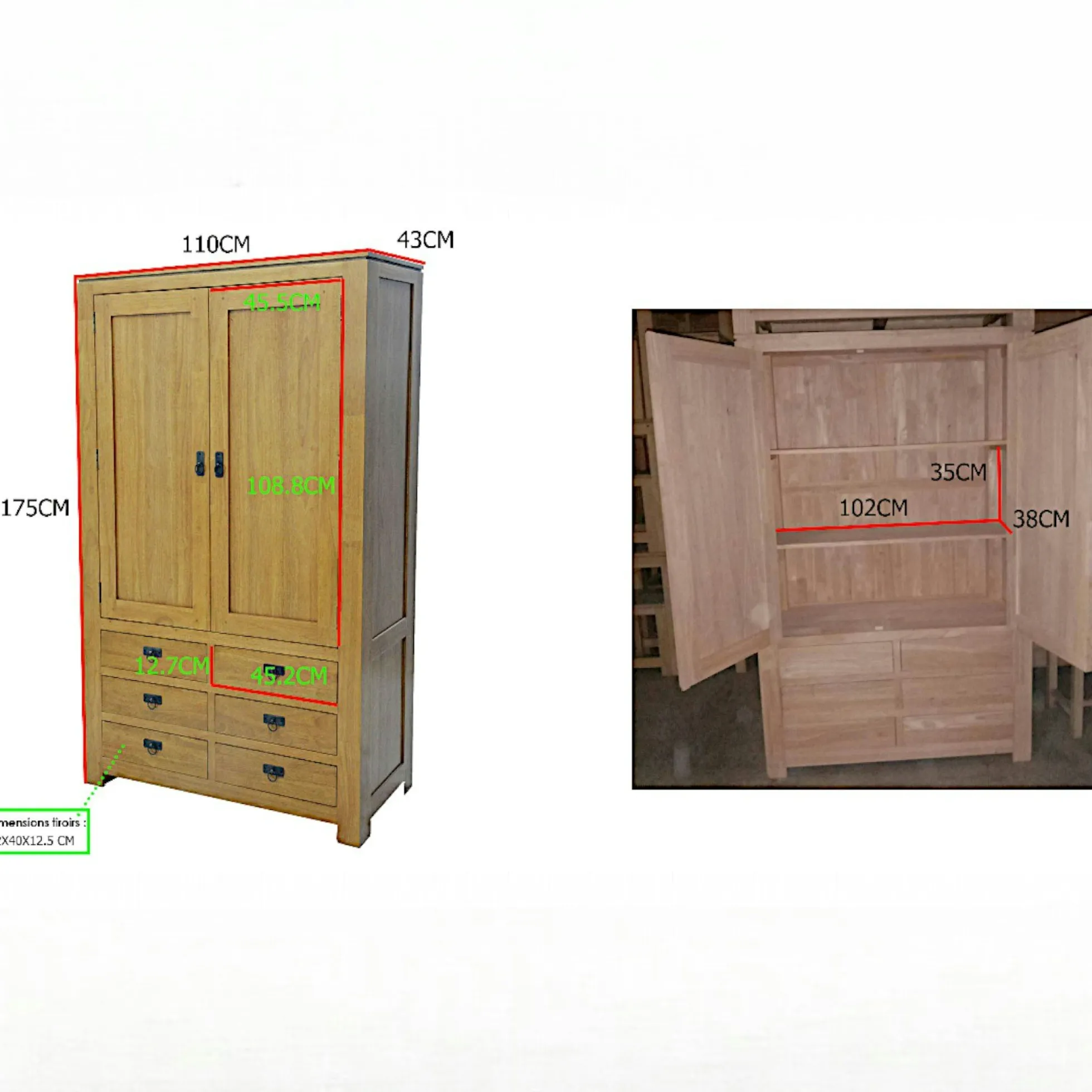 Armoire Hévéa 2 portes, 6 tiroirs 110x43x175cm HELENA
