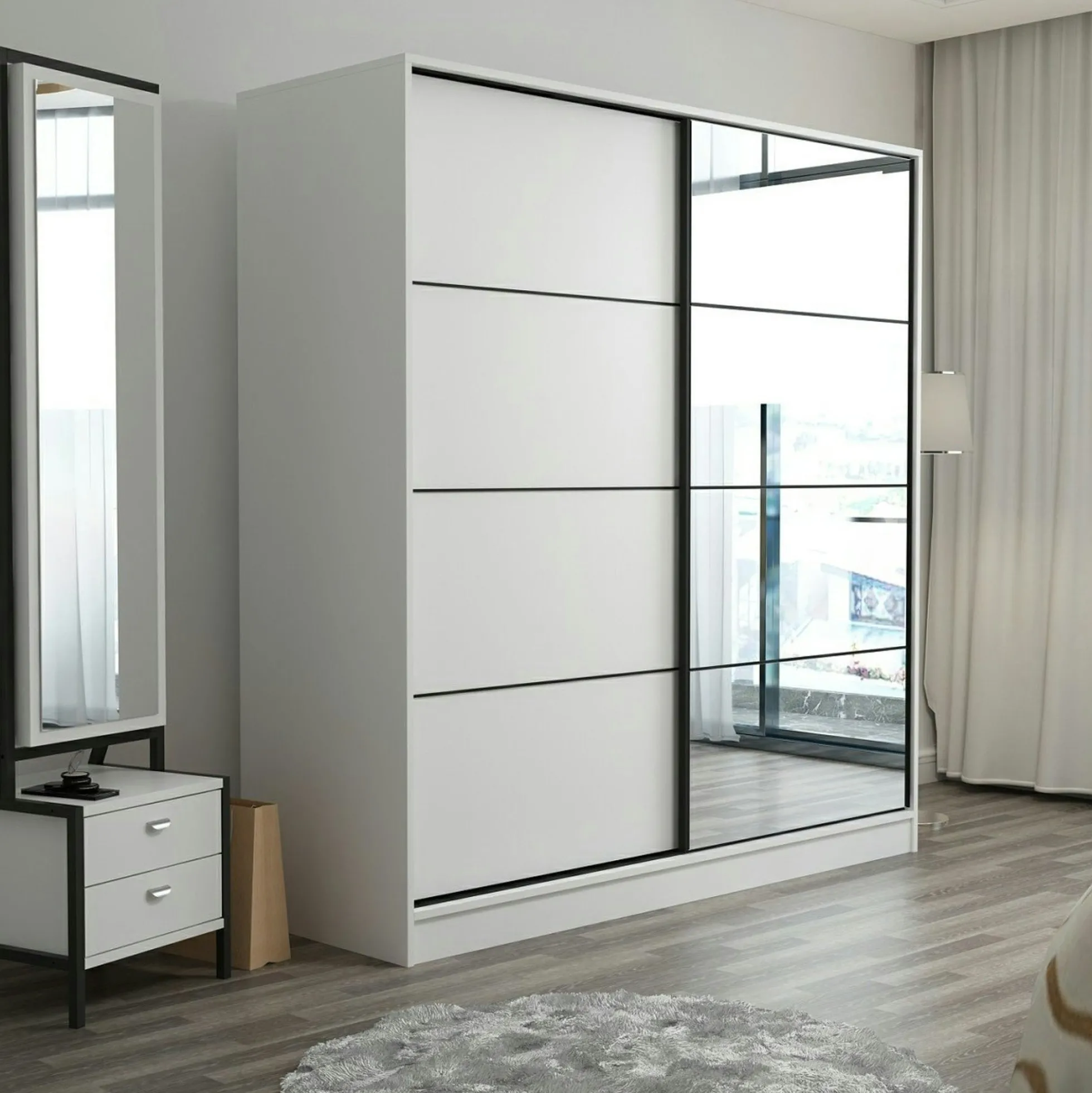 Armoire penderie blanche avec miroir H 210 cm BYRON