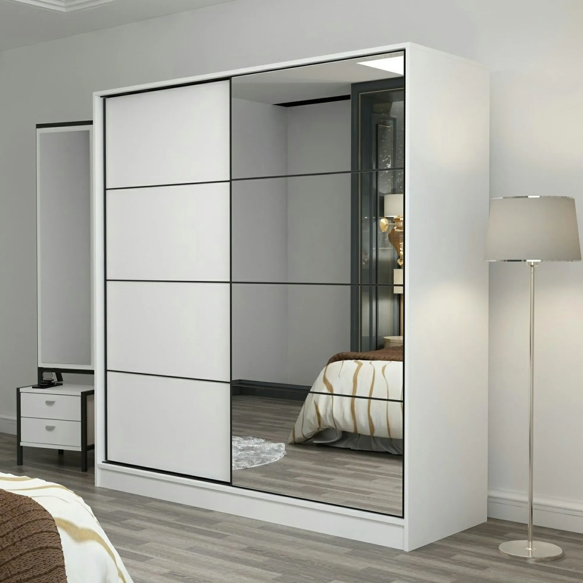 Armoire penderie blanche avec miroir H 210 cm BYRON