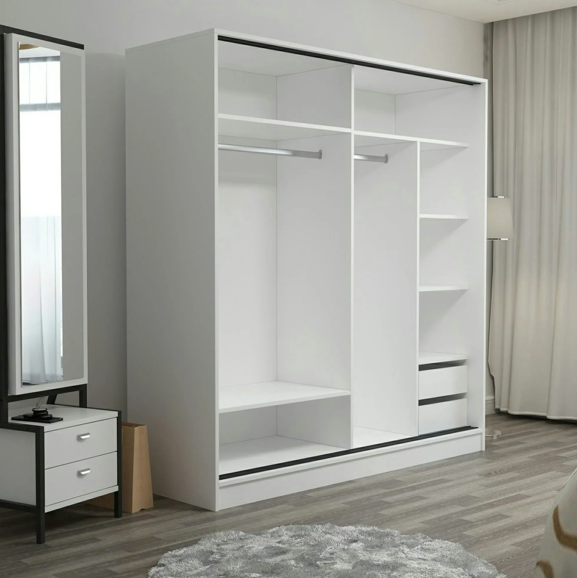 Armoire penderie blanche avec miroir H 210 cm BYRON
