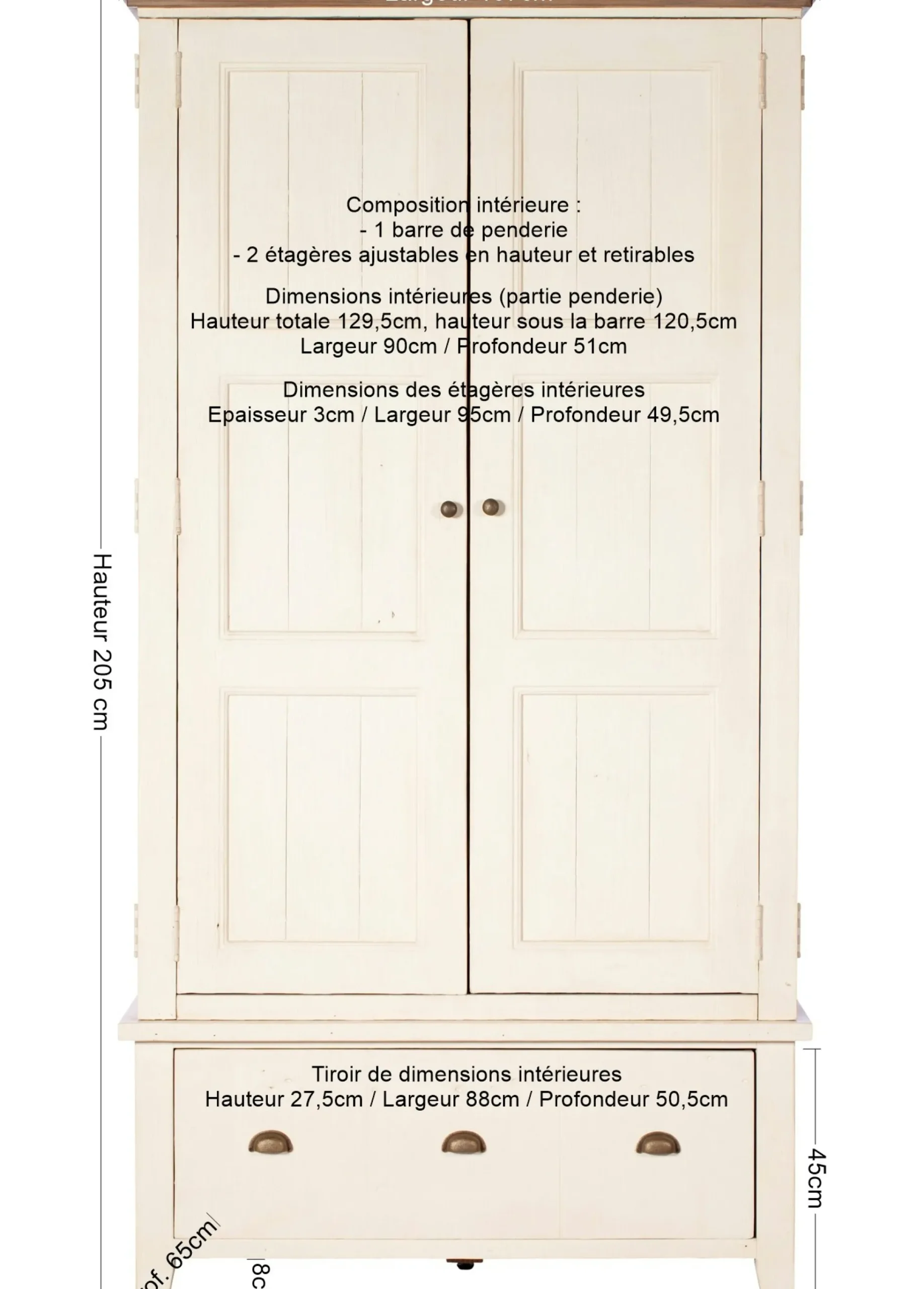 Armoire penderie blanche bois recyclé 107 cm BRISTOL