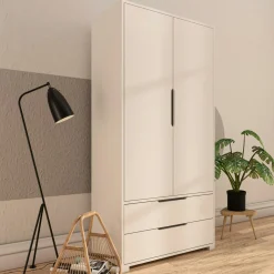 Armoire penderie blanche moderne, 2 portes 2 tiroirs BYRON