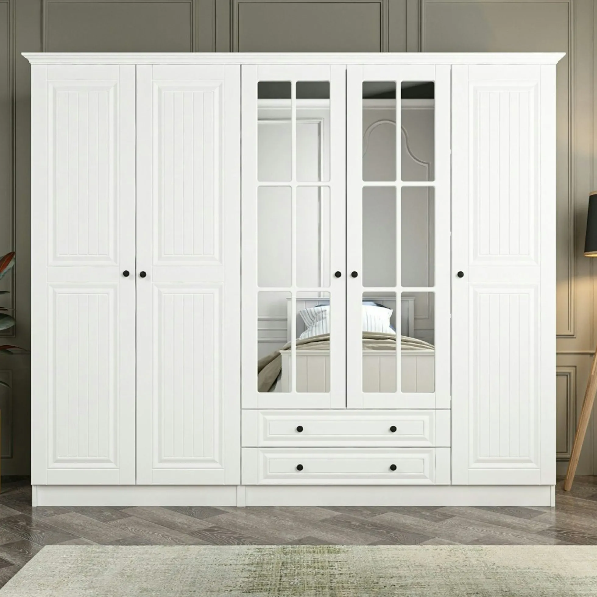 Armoire penderie blanche à moulures, 5 portes 2 miroirs BYRON
