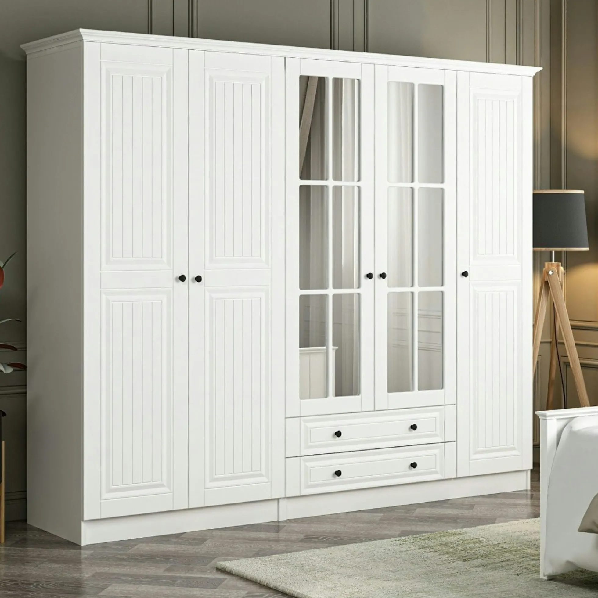 Armoire penderie blanche à moulures, 5 portes 2 miroirs BYRON