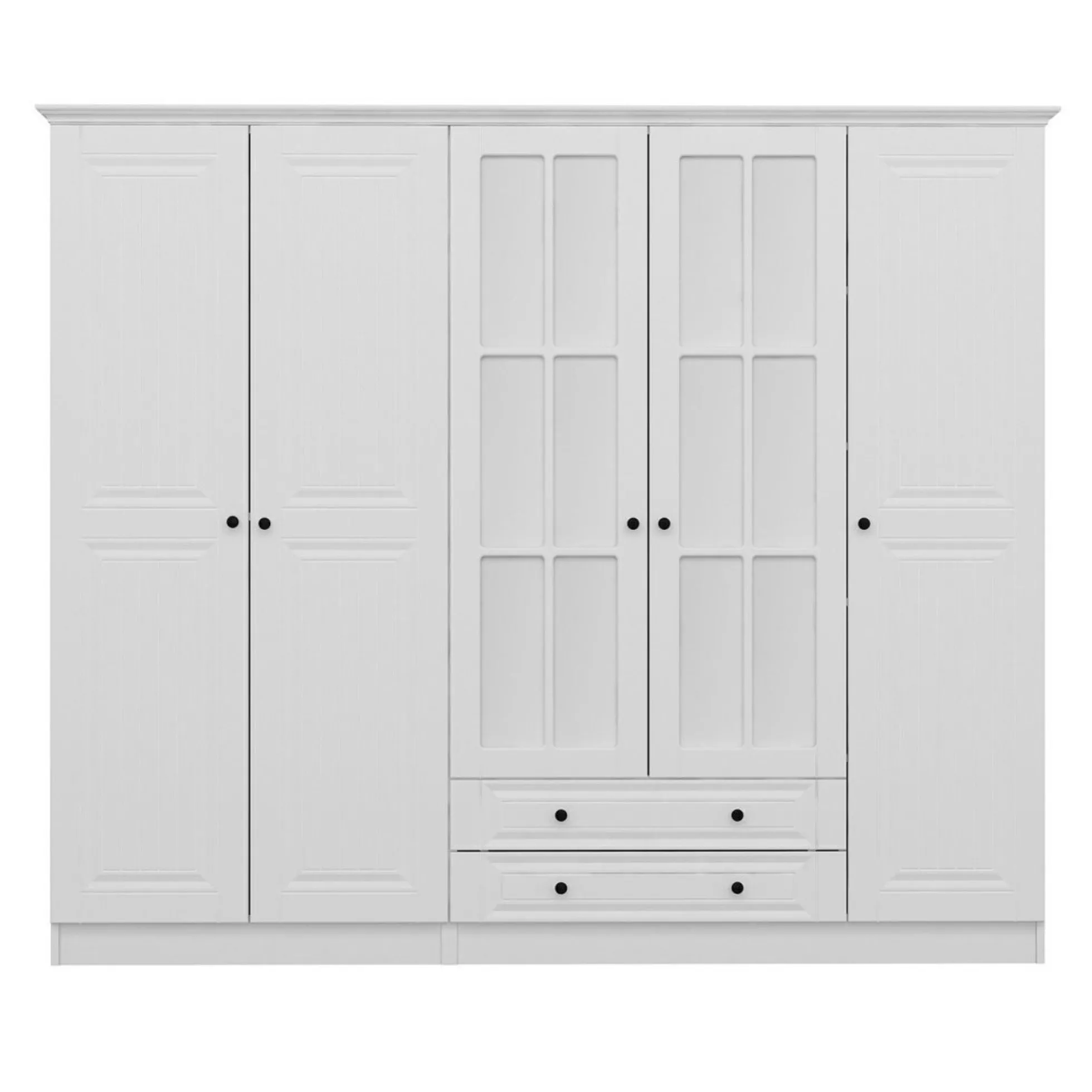 Armoire penderie blanche à moulures, 5 portes 2 miroirs BYRON