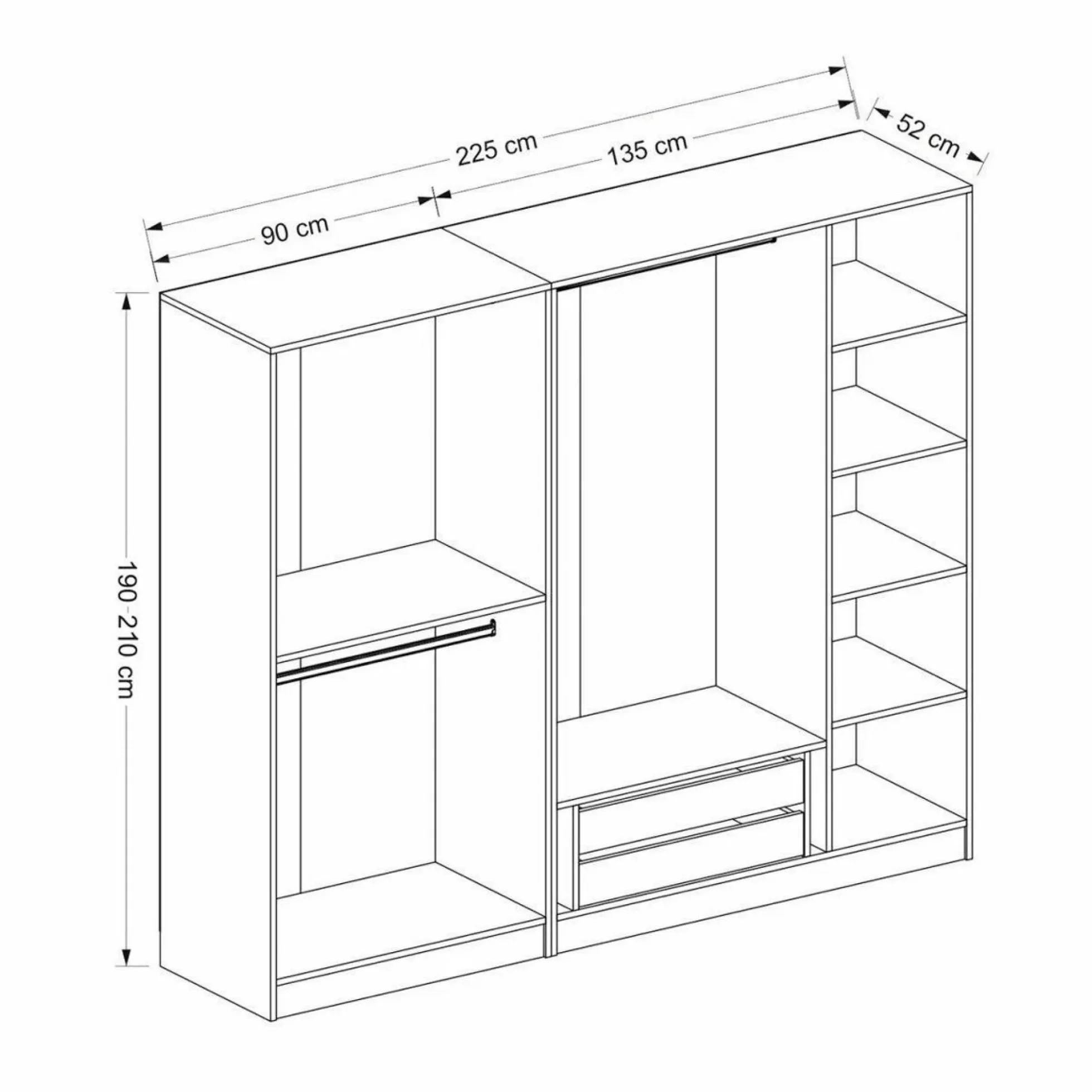 Armoire penderie blanche à moulures, 5 portes 2 miroirs BYRON