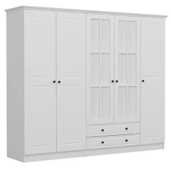 Armoire penderie blanche à moulures, 5 portes 2 miroirs BYRON
