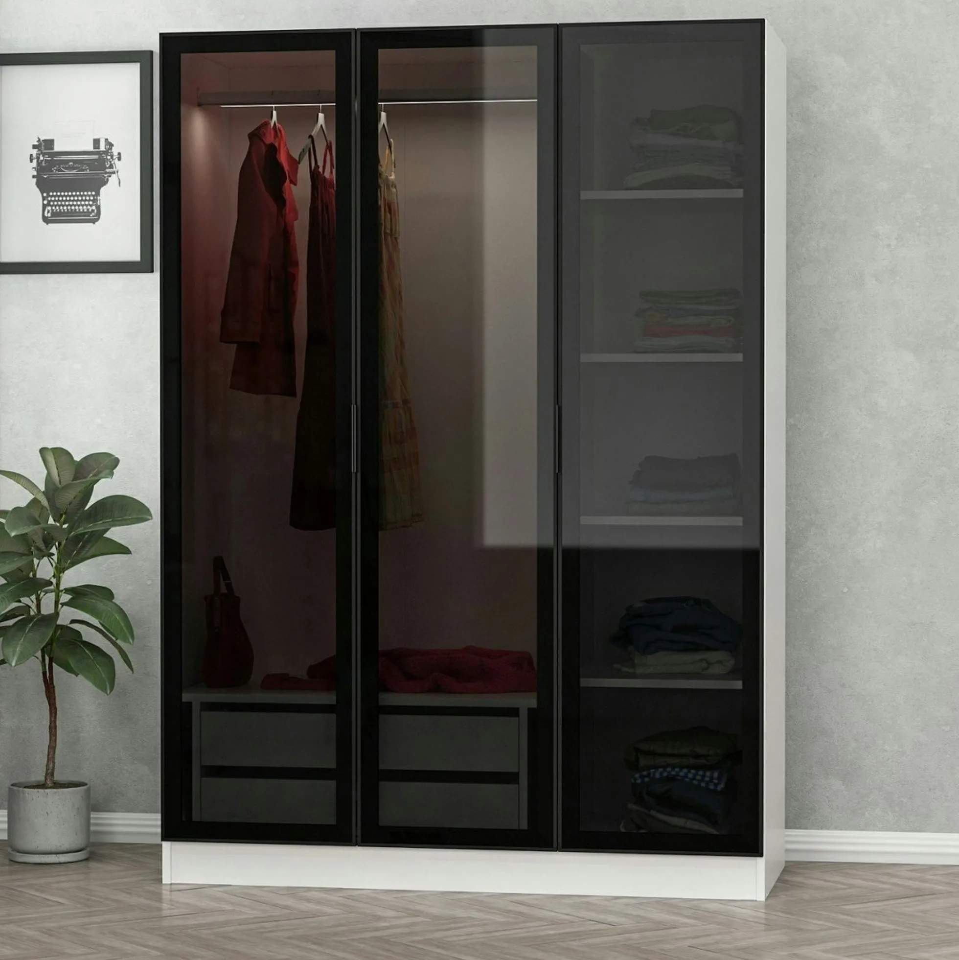 Armoire penderie blanche 3 portes vitrées H 210 cm BYRON