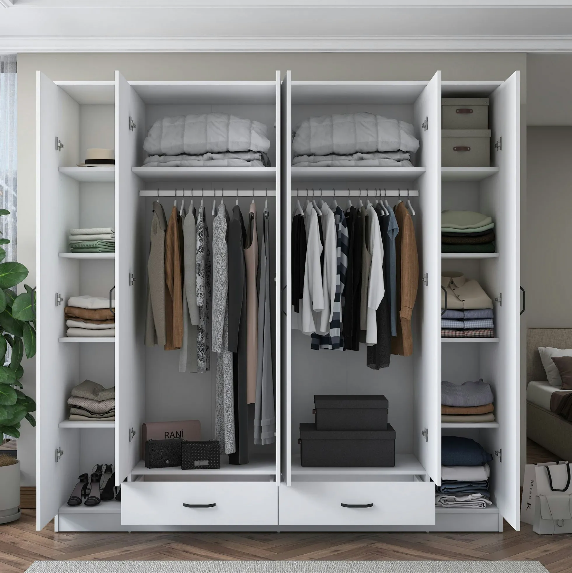 Armoire penderie blanche 6 portes 2 tiroirs BYRON