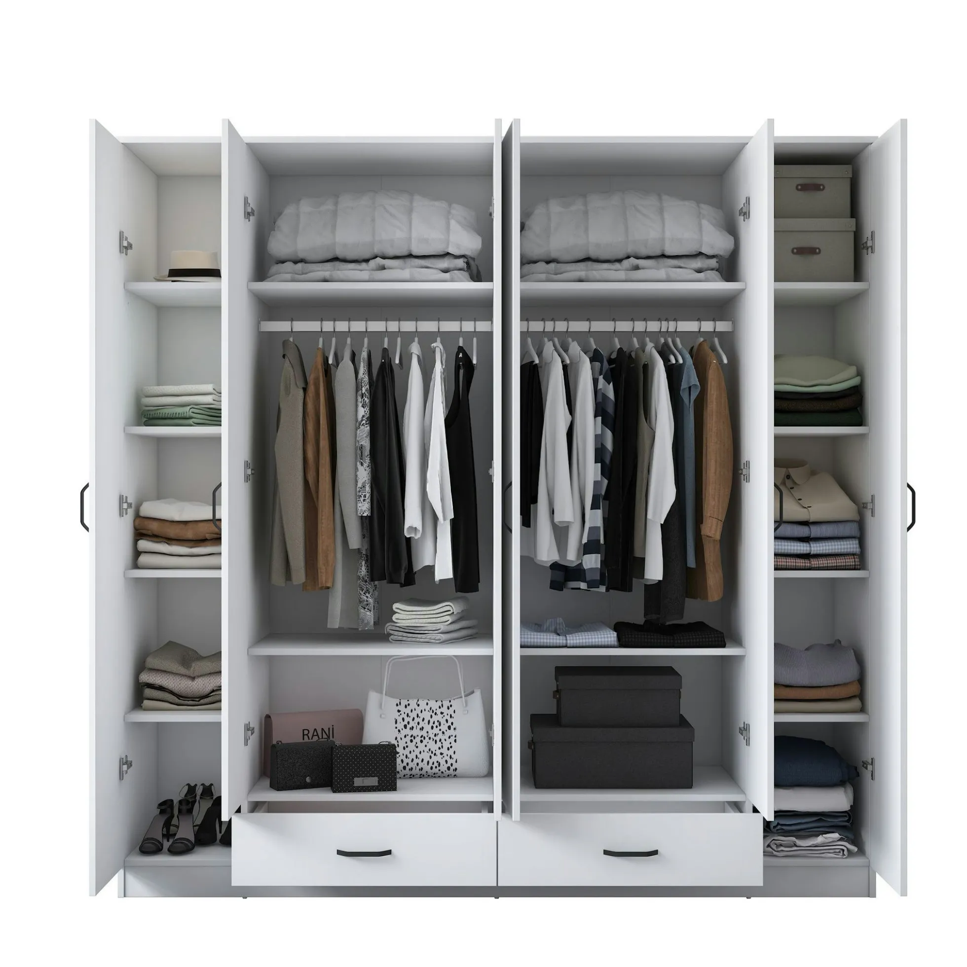 Armoire penderie blanche 6 portes 2 tiroirs BYRON