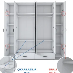 Armoire penderie blanche 6 portes 2 tiroirs BYRON