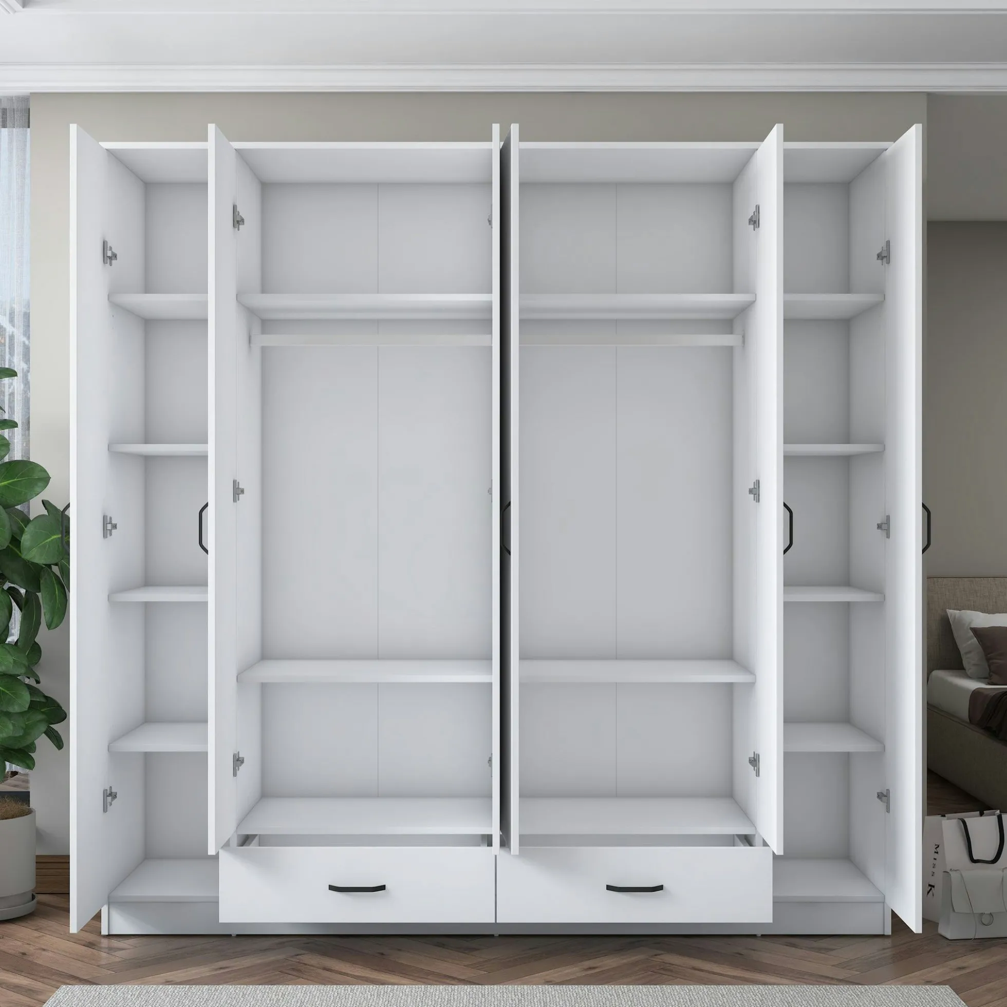 Armoire penderie blanche 6 portes 2 tiroirs BYRON