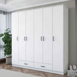 Armoire penderie blanche 6 portes 2 tiroirs BYRON