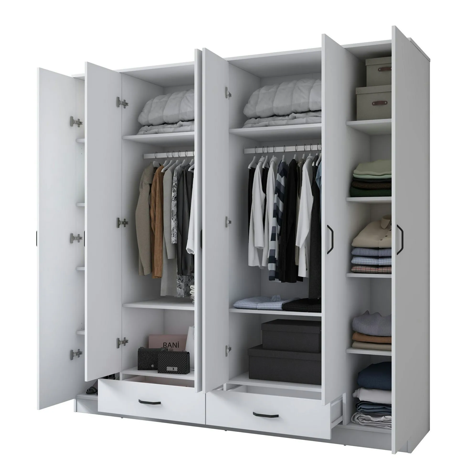 Armoire penderie blanche 6 portes 2 tiroirs BYRON