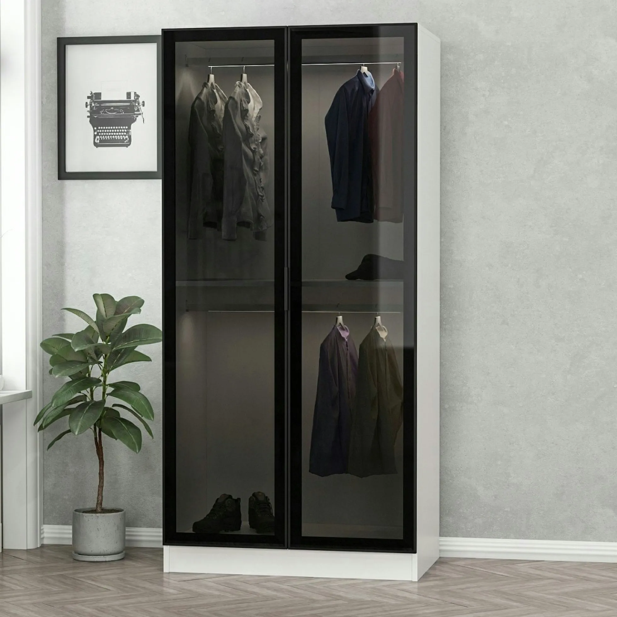 Armoire penderie blanche - 2 portes vitrées H. 210 cm BYRON