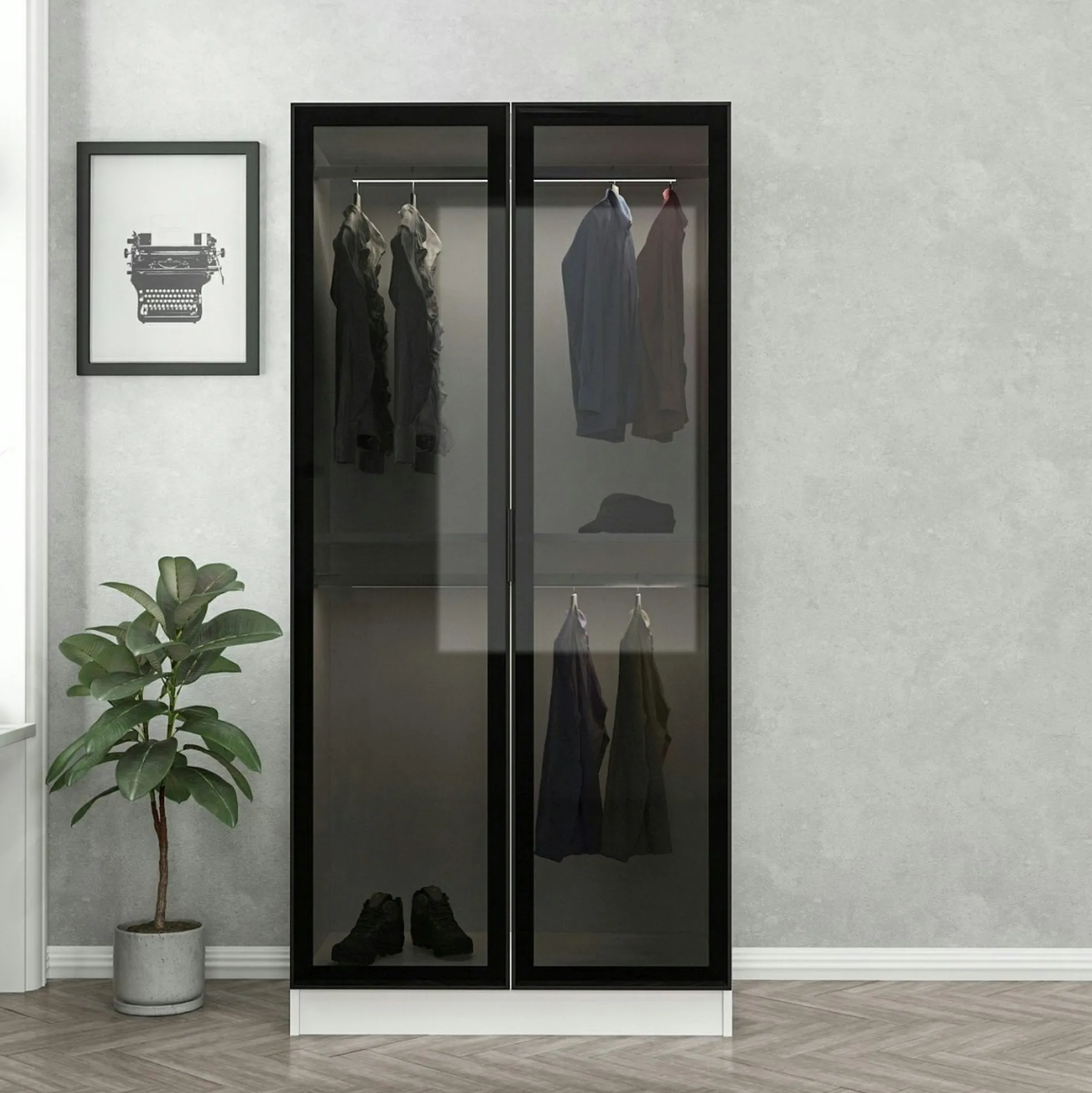 Armoire penderie blanche - 2 portes vitrées H. 210 cm BYRON
