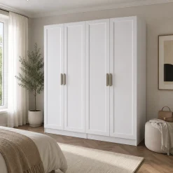 Armoire penderie blanche 4 portes 2 tringles BYRON