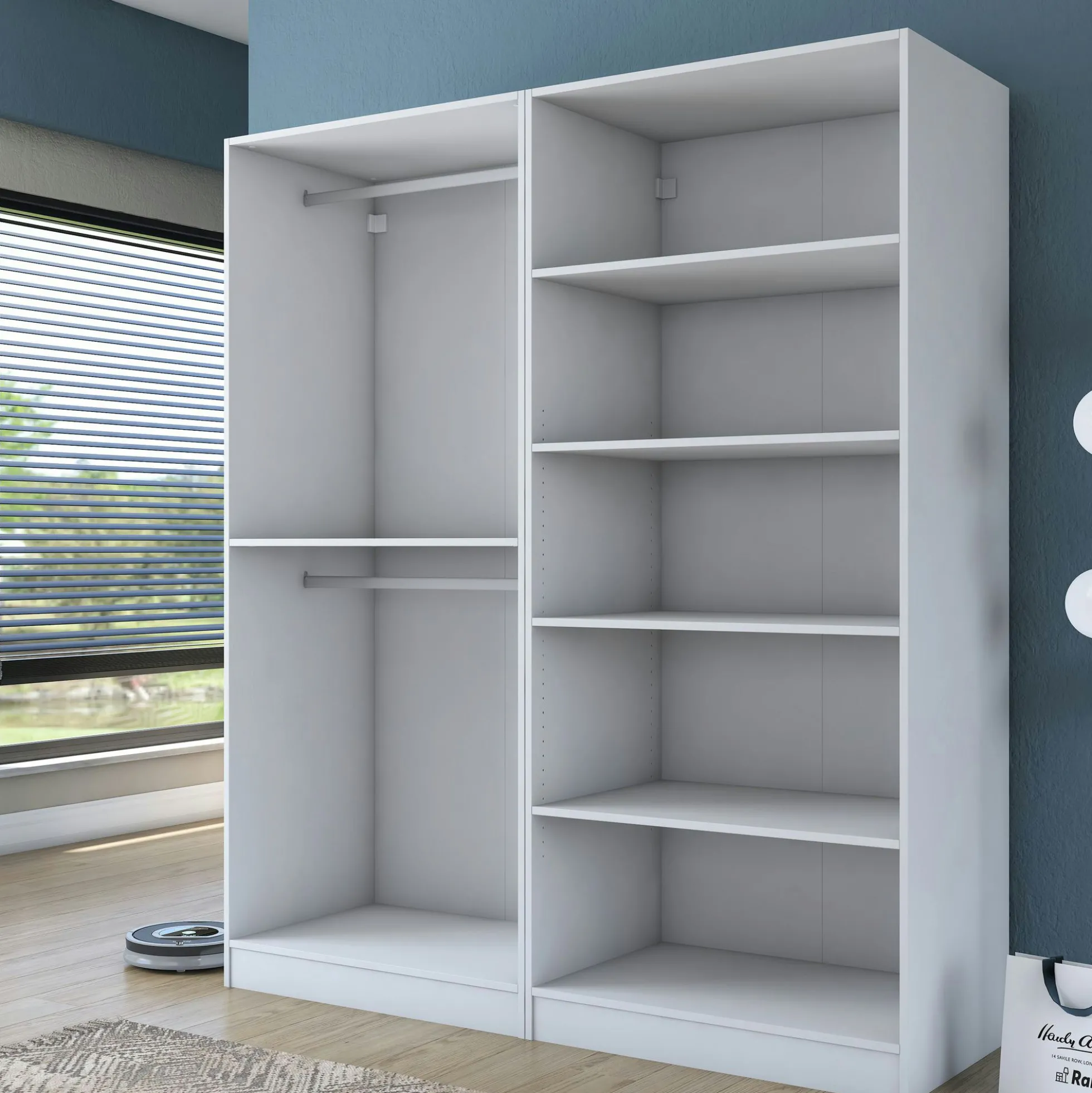 Armoire penderie blanche 4 portes 2 tringles BYRON