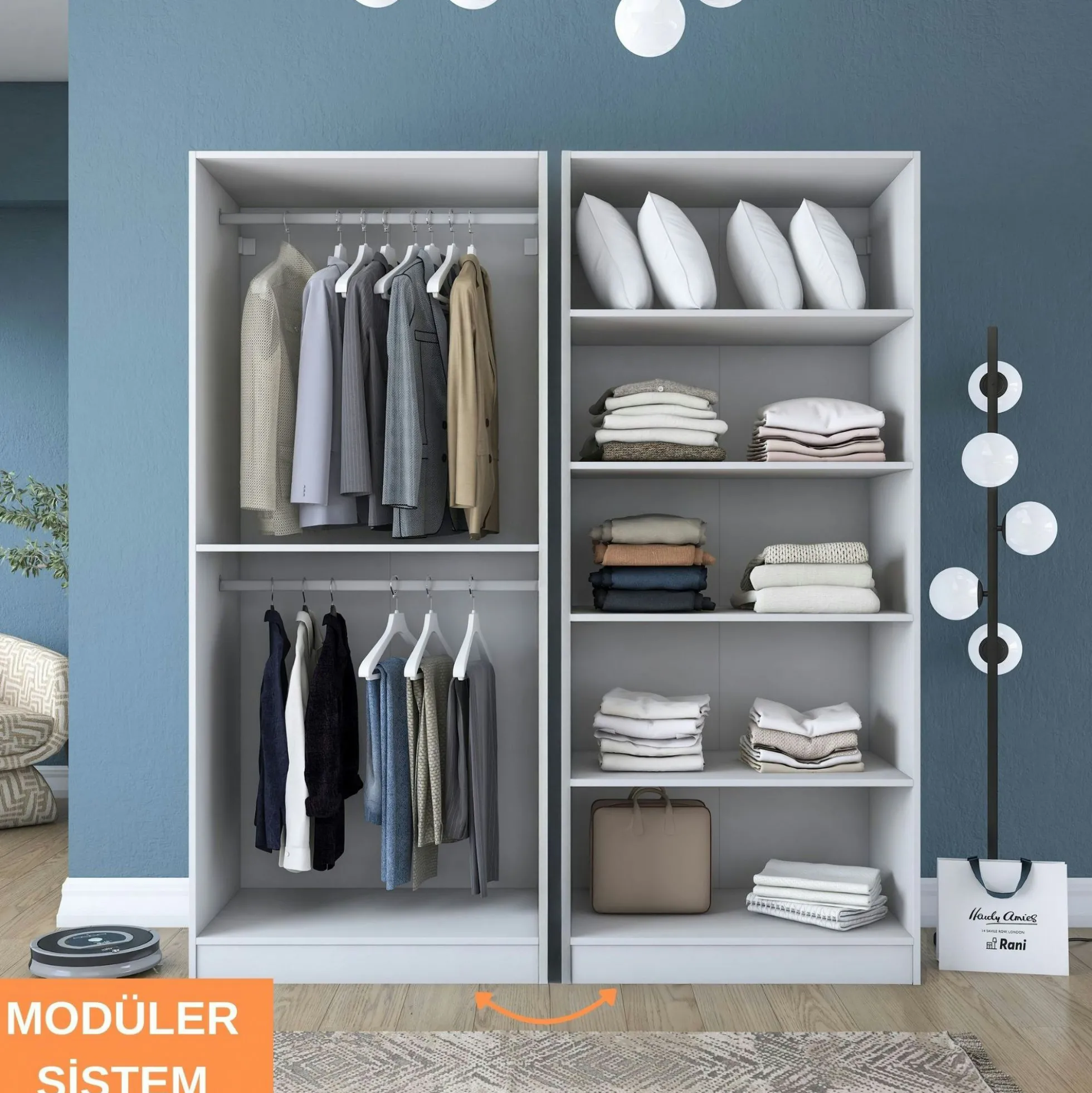 Armoire penderie blanche 4 portes 2 tringles BYRON